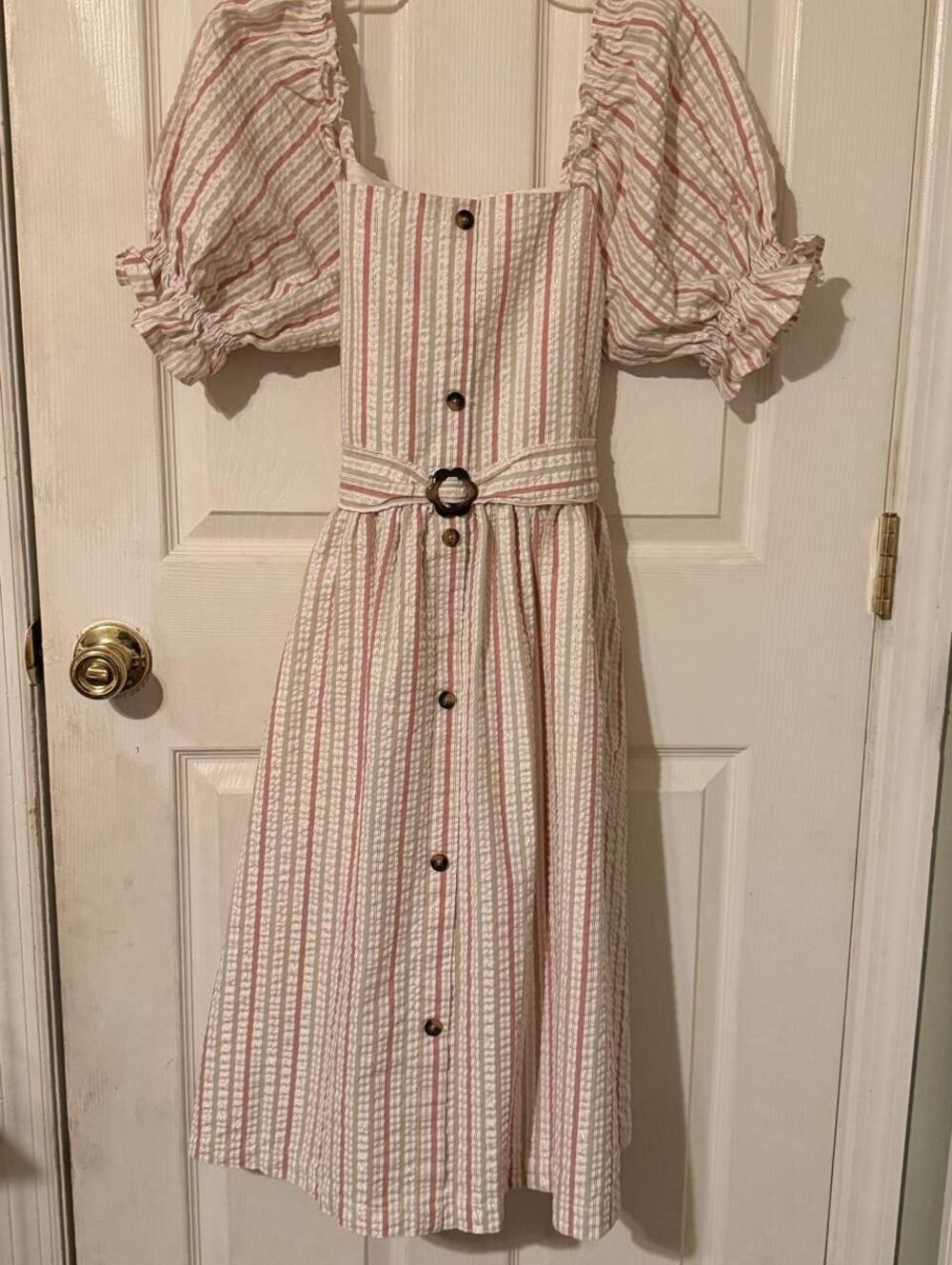 Bonnie Jean Pastel Seersucker Striped Puff Sleeve Western Belted Dress – Size 16